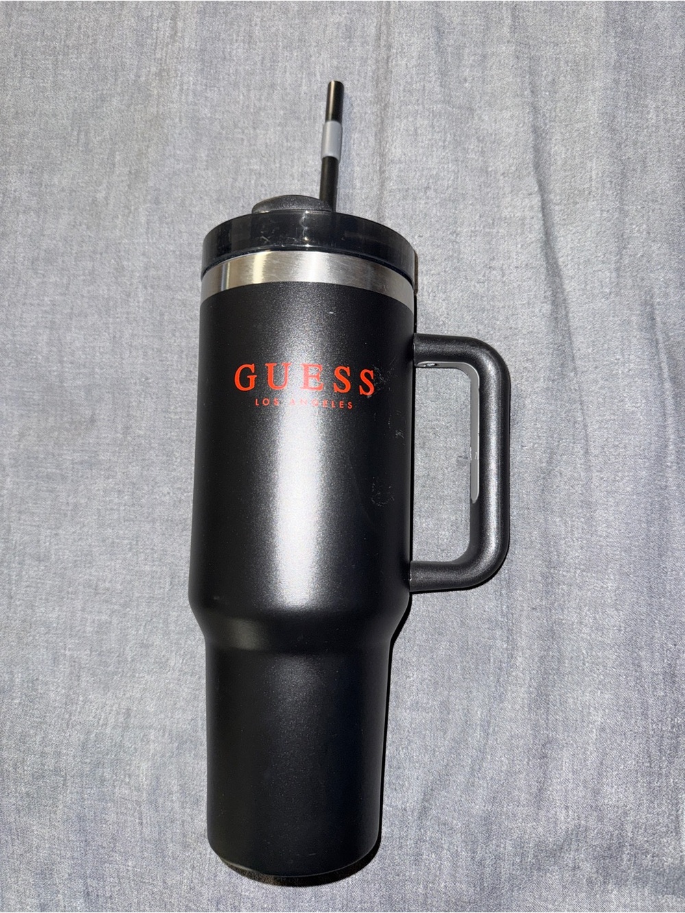 GUESS Black Tumbler with Red Logo and Handle